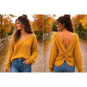 Reversible Twisted Favorite Knit Long Sleeve Fall Sweater - Mustard - size M